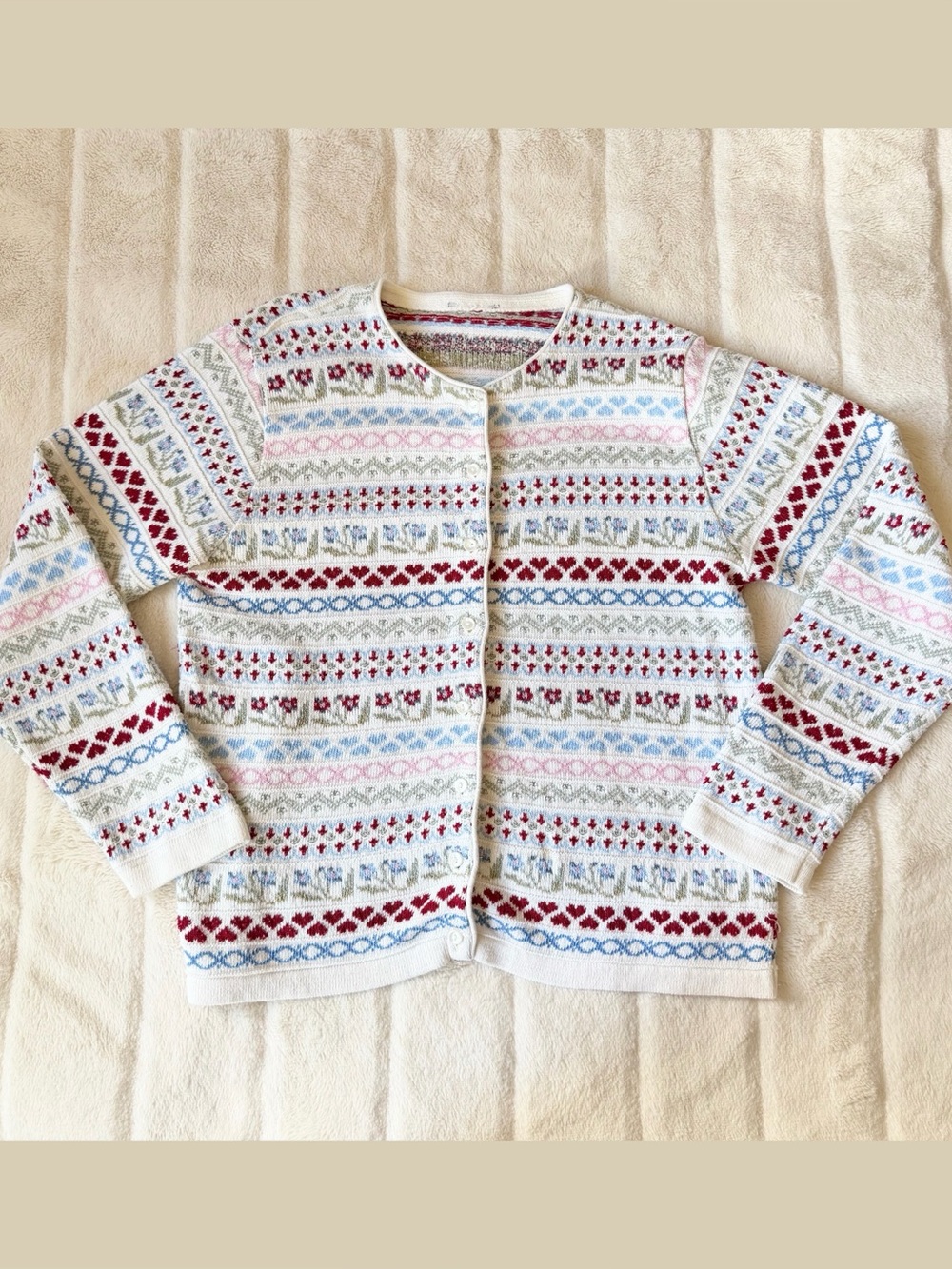 Vintage Cottage Core Cotton Knit Flower/Heart Cardigan Size Medium